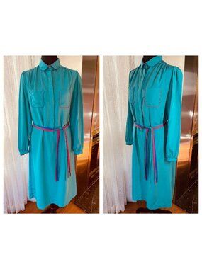 Vintage 80s dress, teal, hot pink and purple, long sleeves, size